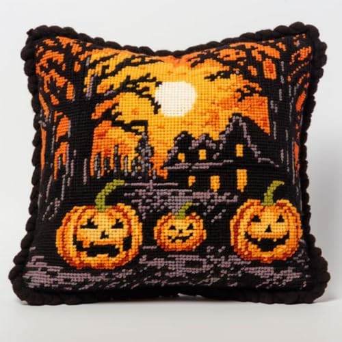 ORLUMY DIY Knüpfkissen Set Knüpfhaken-Sets Mit Halloween-Schloss，Cartoon-Kürbis-Knüpfhaken-Kissenbezug，Sticksets，Diy-Knüpfhaken-Kissenbezug-Sets Für Teppiche 43x43cm von ORLUMY