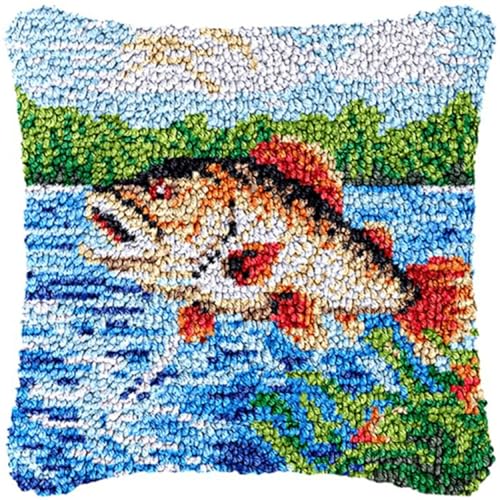 ORLUMY DIY Knüpfkissen Set Knüpfhaken-Sets Mit Springenden Fischen，Cartoon-Tiere，Knüpfhaken-Kissenbezug-Sticksets，Diy-Knüpfhaken-Kissenbezug-Sets Für Teppiche 43x43cm von ORLUMY