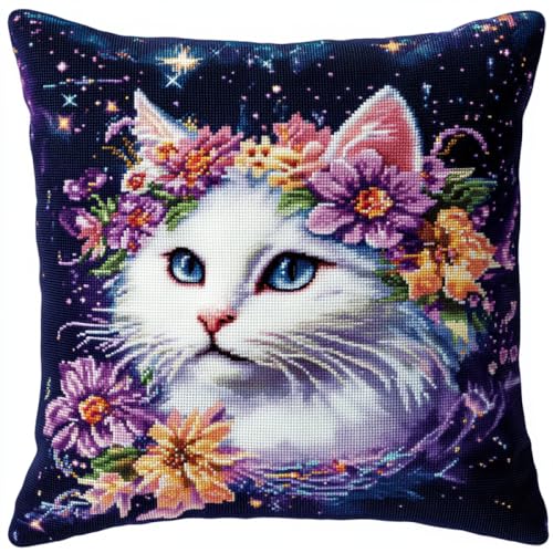 ORLUMY DIY Knüpfkissen Set Weiße Katze Und Blumen Knüpfhaken-Set，Sterntiere，Kissenbezug，Stickteppich-Set，Handarbeit，Häkelkissen，Stickset 43x43cm von ORLUMY