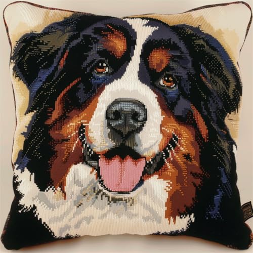 ORLUMY DIY Knüpfkissen Zum Selber Knüpfen Berner Sennenhund Tier Knüpfhaken Kits Niedlicher Hund DIY Haken Gestrickter Bestickter Teppich Kissen Stickerei Knüpfhaken Teppich Kit 43x43cm von ORLUMY