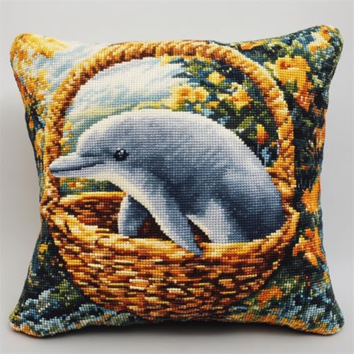 ORLUMY DIY Knüpfkissen Zum Selber Knüpfen Delphin Im Blumenkorb Knüpfhaken-Set，Cartoon-Tiere，Diy-Haken，Gestrickt，Bestickter Teppich，Kissen，Stickerei，Knüpfhaken-Teppich-Set 43x43cm von ORLUMY