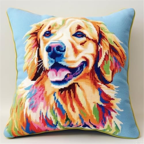 ORLUMY DIY Knüpfkissen Zum Selber Knüpfen Golden Retriever Tier Knüpfhaken-Set,Farbiger Hund,3D-Kissenmaterialien,Paketbezug,Knüpfhaken-Set,Kissen,Stickerei-Set,Basteln,Heimdekoration 43x43cm von ORLUMY