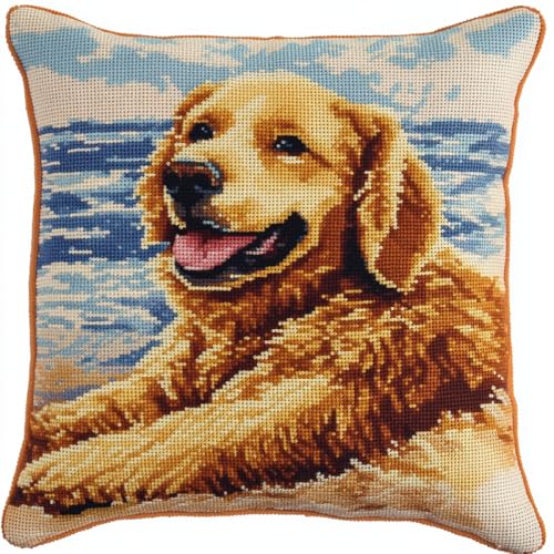 ORLUMY DIY Knüpfkissen Zum Selber Knüpfen Golden Retriever Tier Knüpfpackungen Hund Am Strand 3D Kissen Materialien Paketbezug Knüpfpackungen Kissen Stickset Basteln Heimdekoration 43x43cm von ORLUMY