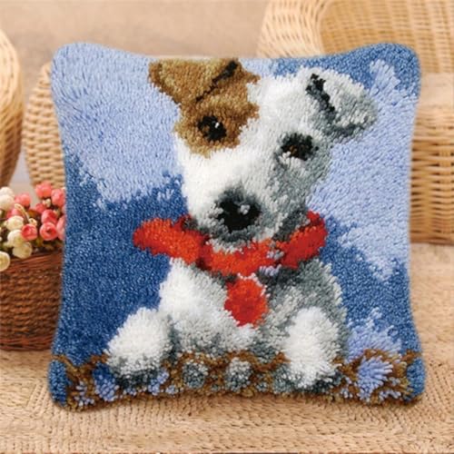 ORLUMY DIY Knüpfkissen Zum Selber Knüpfen Jack Russell Terrier Tier-Knüpfhaken-Sets Fantasie-Hund Diy-Haken Gestrickter Bestickter Teppich Kissen Stickerei Knüpfhaken Teppich-Set 43x43cm von ORLUMY