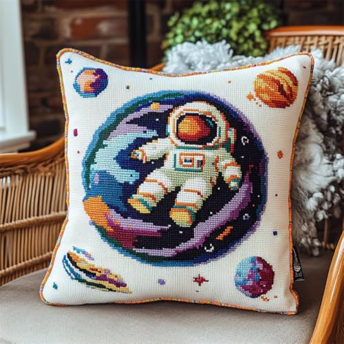 ORLUMY DIY Knüpfkissen Zum Selber Knüpfen Knüpfhaken-Set Mit Cartoon-Astronauten，Universum，Planet，3D-Kissen，Materialpaket，Bezug，Knüpfhaken-Set，Kissen-Stickset，Bastel- Und Heimdekoration 43x43cm von ORLUMY