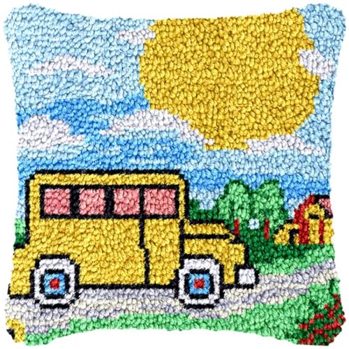 ORLUMY DIY Knüpfkissen Zum Selber Knüpfen Knüpfhaken-Set Mit Cartoon-Auto，Bunte Landschaft，3D-Kissen，Materialpaket，Bezug，Knüpfhaken-Set，Kissen-Stickset，Bastel- Und Heimdekoration 43x43cm von ORLUMY