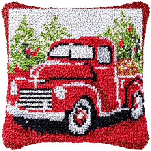 ORLUMY DIY Knüpfkissen Zum Selber Knüpfen Knüpfhaken-Set Mit Cartoon-Auto，Cartoon-Weihnachtsbaum，Diy-Haken，Gestrickt，Bestickt，Teppich，Kissen，Stickerei，Knüpfhaken-Teppich-Set 43x43cm von ORLUMY