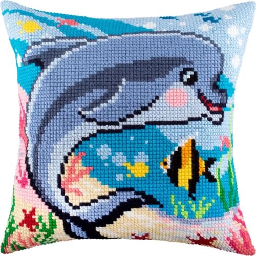 ORLUMY DIY Knüpfkissen Zum Selber Knüpfen Knüpfhaken-Set Mit Cartoon-Delfin，Süße Tiere，3D-Kissen，Materialien，Paketbezug，Knüpfhaken-Set，Kissen-Stickset，Bastel- Und Heimdekoration 43x43cm von ORLUMY