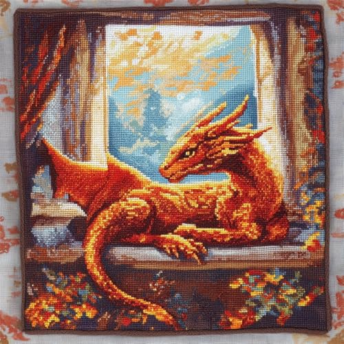 ORLUMY DIY Knüpfkissen Zum Selber Knüpfen Knüpfhaken-Set Mit Cartoon-Drachen，Fantasietiere，Diy-Haken，Gestrickt，Bestickt，Teppich，Kissen，Stickerei，Knüpfhaken-Teppich-Set 43x43cm von ORLUMY