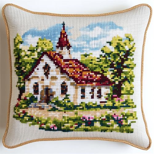 ORLUMY DIY Knüpfkissen Zum Selber Knüpfen Knüpfhaken-Set Mit Cartoon-Haus，Ländliche Landschaft，Diy-Haken，Gestrickt，Bestickter Teppich，Kissen，Stickerei，Knüpfhaken-Teppich-Set 43x43cm von ORLUMY