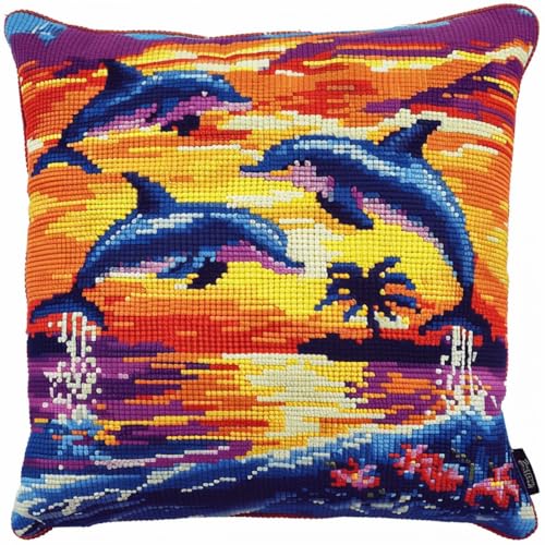 ORLUMY DIY Knüpfkissen Zum Selber Knüpfen Knüpfhaken-Set Mit Delfinen Und Sonnenuntergang，Cartoon-Tiere，Diy-Haken，Gestrickt，Bestickt，Teppich，Kissen，Stickerei，Knüpfhaken-Teppich-Set 43x43cm von ORLUMY