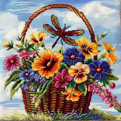 ORLUMY DIY Knüpfstern Set Bunte Blumenkorb-Knüpfhaken-Kits Cartoon-Blumen Diy-Knüpfhaken-Kits Knüpfhaken-Kit Hängende Handarbeit Kissenbezug Knüpfhaken Teppich-Kit 43x43cm von ORLUMY