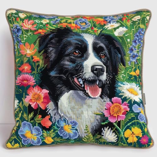 ORLUMY Diy Kissen Knüpfen Set Border Collie Tier Knüpfpackungen Hund Und Blumen Knüpfpackungen Zum Selbermachen Garnpackungen Kissen Teppich Muster Kunst Und Handwerk Häkeln Handarbeit 43x43cm von ORLUMY