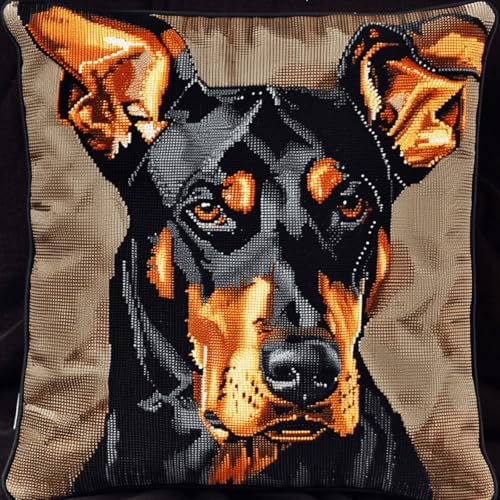 ORLUMY Diy Kissen Knüpfen Set Dobermann Pinscher Tier Knüpfhaken Kits Fantasy Hund Knüpfhaken Kits Kissenbezug Sofakissen Anfänger Diy Häkelgarn Kits Basteln Heimdekoration 43x43cm von ORLUMY