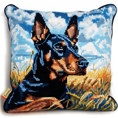 ORLUMY Diy Kissen Knüpfen Set Dobermann Pinscher Tier Knüpfhaken Kits Fantasy Hund Knüpfhaken Kits Kissenbezug Sofakissen Anfänger Diy Häkelgarn Kits Basteln Heimdekoration 43x43cm von ORLUMY