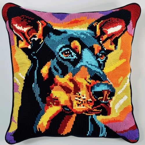 ORLUMY Diy Kissen Knüpfen Set Dobermann Pinscher Tier Knüpfhaken Kits Farbiger Hund Diy Knüpfhaken Kits Garn Kits Kissen Teppich Muster Kunst Und Handwerk Häkeln Handarbeit 43x43cm von ORLUMY