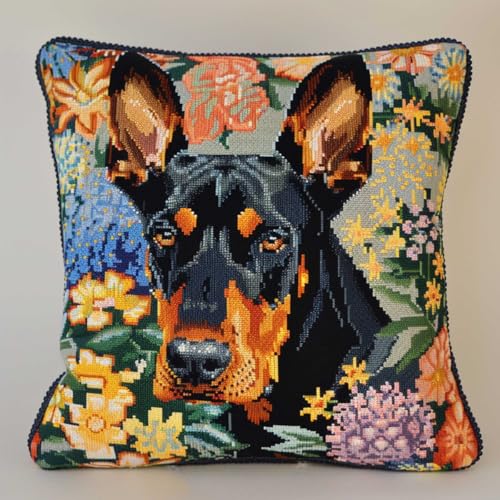 ORLUMY Diy Kissen Knüpfen Set Dobermann Pinscher Tier Knüpfhaken Kits Hund Und Blumen Diy Knüpfhaken Kits Garn Kits Kissen Teppich Muster Kunst Und Handwerk Häkeln Handarbeit 43x43cm von ORLUMY