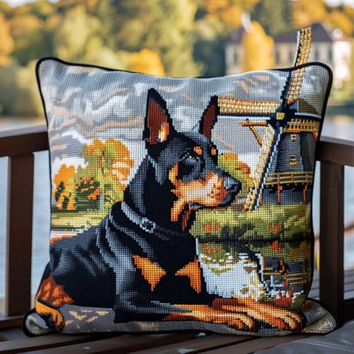 ORLUMY Diy Kissen Knüpfen Set Dobermann Pinscher Tier Knüpfhaken Kits Hund Und Landschaft Knüpfhaken Kits Kissenbezug Sofakissen Anfänger Diy Häkelgarn Kits Handwerk Heimdekoration 43x43cm von ORLUMY