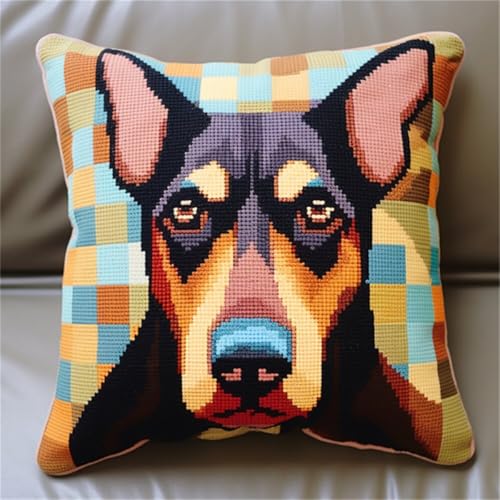 ORLUMY Diy Kissen Knüpfen Set Dobermann Pinscher Tier Knüpfhaken Kits Niedlicher Hund Diy Knüpfhaken Kits Garn Kits Kissen Teppich Muster Kunst Und Handwerk Häkeln Handarbeit 43x43cm von ORLUMY