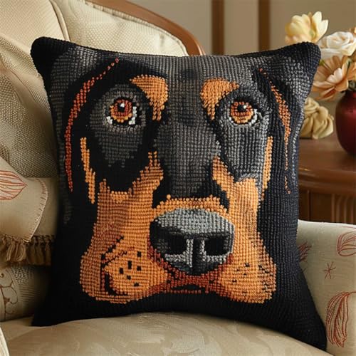 ORLUMY Diy Kissen Knüpfen Set Dobermann Pinscher Tier Knüpfhaken Kits Niedlicher Hund Diy Knüpfhaken Kits Garn Kits Kissen Teppich Muster Kunst Und Handwerk Häkeln Handarbeit 43x43cm von ORLUMY