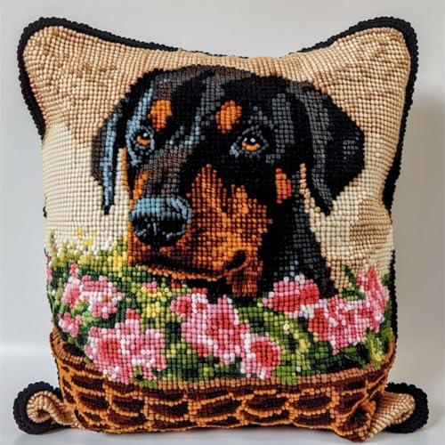 ORLUMY Diy Kissen Knüpfen Set Dobermann Pinscher Tier Knüpfhaken-Sets Hund Und Blumenkorb Knüpfhaken-Sets Kissenbezug Sofakissen Anfänger Diy Häkelgarn-Sets Basteln Heimdekoration 43x43cm von ORLUMY