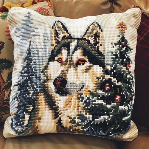 ORLUMY Diy Kissen Knüpfen Set Husky-Hund Tier-Knüpfhaken-Sets Hund Und Weihnachtsbaum Diy-Knüpfhaken-Sets Garn-Sets Kissen Teppich Muster Kunst Und Handwerk Häkeln Handarbeit 43x43cm von ORLUMY