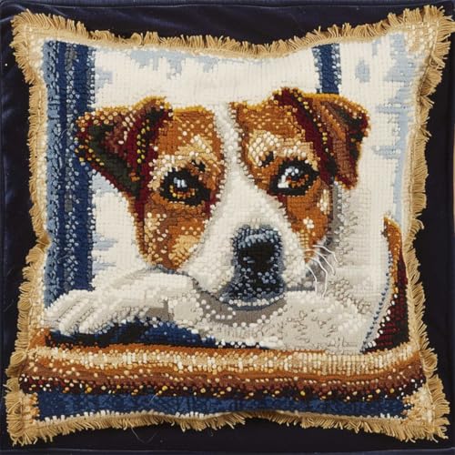 ORLUMY Diy Kissen Knüpfen Set Jack Russel Terrier Tier Knüpfpackungen Hund Am Fenster Knüpfpackungen Zum Selbermachen Garnpackungen Kissen Teppich Muster Kunst Und Handwerk Häkeln Handarbeit 43x43cm von ORLUMY