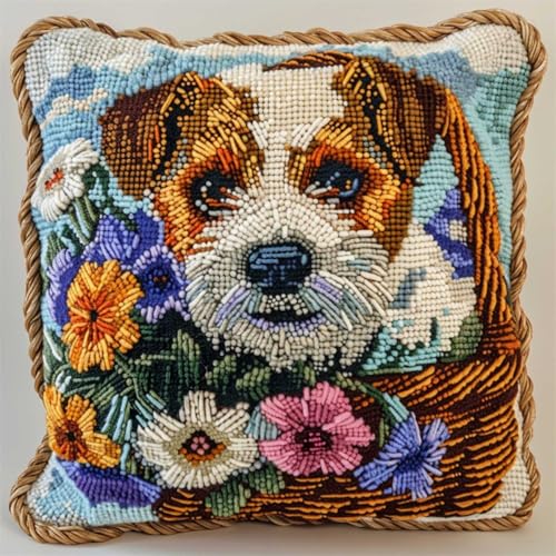 ORLUMY Diy Kissen Knüpfen Set Jack-Russell-Terrier-Tier-Knüpfhaken-Sets,Hund Im Blumenkorb,Knüpfhaken-Sets,Kissenbezug,Sofakissen,Anfänger,Diy-Häkelgarn-Sets,Basteln,Heimdekoration 43x43cm von ORLUMY