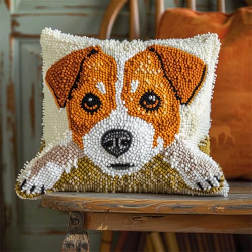 ORLUMY Diy Kissen Knüpfen Set Jack Russell Terrier Tier Knüpfhaken-Sets Fantasy Hund Knüpfhaken-Sets Kissenbezug Sofakissen Anfänger Diy Häkelgarn-Sets Basteln Heimdekoration 43x43cm von ORLUMY