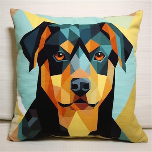 ORLUMY Diy Kissen Knüpfen Set Knüpfhaken-Sets Mit Rottweiler-Tiermotiv,Geometrischer Hund,Diy-Knüpfhaken-Sets,Garn-Sets,Kissen,Teppichmuster,Kunst Und Handwerk,Häkeln,Handarbeit 43x43cm von ORLUMY