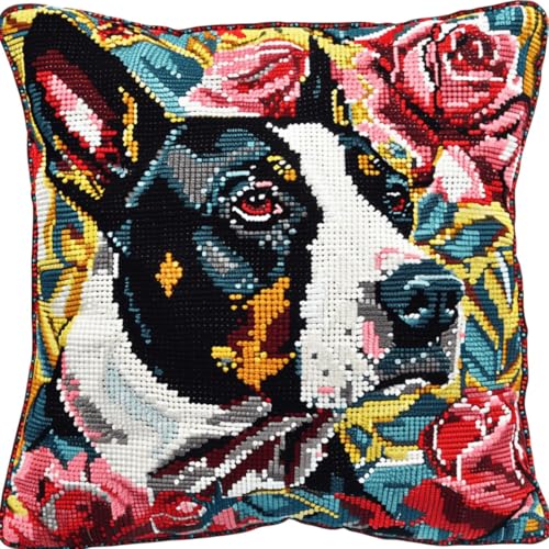 ORLUMY Diy Kissen Knüpfen Set Knüpfpackungen Mit Bullterrier-Tier,Hund Und Blumen,Knüpfpackungen Zum Selbermachen,Garnpackungen,Kissen,Teppichmuster,Kunst Und Handwerk,Häkeln,Handarbeiten 43x43cm von ORLUMY