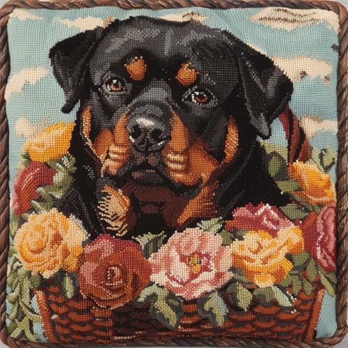 ORLUMY Diy Kissen Knüpfen Set Knüpfpackungen Mit Rottweiler-Tier,Hund Im Blumenkorb,Knüpfpackungen Zum Selbermachen,Garnpackungen,Kissen,Teppichmuster,Kunsthandwerk,Häkeln,Handarbeit 43x43cm von ORLUMY