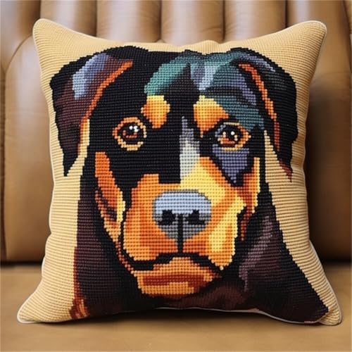 ORLUMY Diy Kissen Knüpfen Set Knüpfpackungen Mit Rottweiler-Tiermotiv,Knüpfpackungen Mit Fantasie-Hund,Kissenbezug,Sofakissen,Anfänger,Diy-Häkelgarn-Set,Basteln,Heimdekoration 43x43cm von ORLUMY