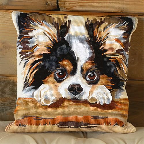 ORLUMY Diy Kissen Knüpfen Set Knüpfpackungen Mit Tiermotiv „Papillon“,Fantasie-Hund,Knüpfpackungen Zum Selbermachen,Garnpackungen,Kissen,Teppichmuster,Kunst Und Handwerk,Häkeln,Handarbeiten 43x43cm von ORLUMY