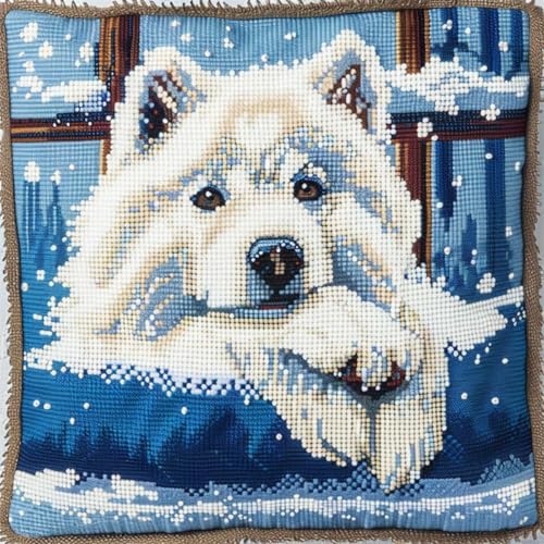 ORLUMY Diy Kissen Knüpfen Set Samojede Hund Tier Knüpfhaken Kits Hund Am Fenster Diy Knüpfhaken Kits Garn Kits Kissen Teppich Muster Kunst Und Handwerk Häkeln Handarbeit 43x43cm von ORLUMY