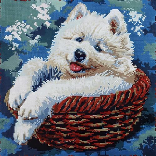 ORLUMY Diy Kissen Knüpfen Set Samojede Hund Tier Knüpfhaken Kits Hund In Blumenkorb Knüpfhaken Kits Kissenbezug Sofakissen Anfänger Diy Häkelgarn Kits Handwerk Heimdekoration 43x43cm von ORLUMY