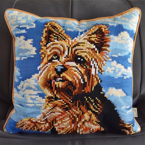 ORLUMY Diy Kissen Knüpfen Set Yorkshire Terrier Tier Knüpfhaken-Sets Hund Und Himmel Diy Knüpfhaken-Sets Garn-Sets Kissen Teppich Muster Kunst Und Handwerk Häkeln Handarbeit 43x43cm von ORLUMY