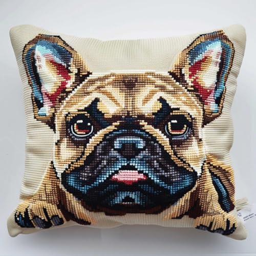 ORLUMY Diy Knüpfen Set Bulldoggen-Tier-Knüpfhaken-Kits Cartoon-Hund-Knüpfhaken-Kits Diy-Kissenbezug-Bastel-Kits Stick-Kits Mit Bedruckter Leinwand 43x43cm von ORLUMY