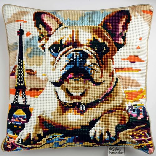 ORLUMY Diy Knüpfen Set Bulldoggen-Tier-Knüpfhaken-Sets,Hund Und Landschaft,Diy-Knüpfhaken-Set,Knüpfhaken-Stickset,Häkel-Handarbeitshandwerk Mit Knüpfhaken-Werkzeug 43x43cm von ORLUMY