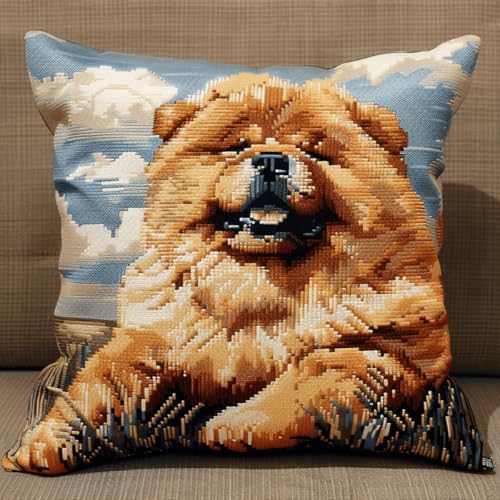 ORLUMY Diy Knüpfen Set Chow Chow Tier-Knüpfhaken-Sets,Hund Und Landschaft,Diy-Knüpfhaken-Set,Knüpfhaken-Stickset,Häkel-Handarbeit,Basteln Mit Knüpfhaken-Werkzeug 43x43cm von ORLUMY