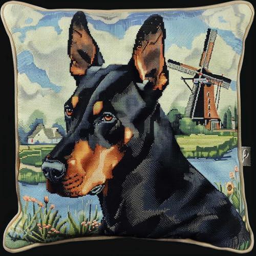 ORLUMY Diy Knüpfen Set Dobermann Pinscher Tier Knüpfhaken Kits Hund Und Landschaft Diy Knüpfhaken Kits Knüpfhaken Stickset Häkeln Handarbeiten Basteln Mit Knüpfhaken Werkzeug 43x43cm von ORLUMY