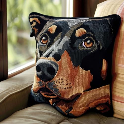 ORLUMY Diy Knüpfen Set Dobermann Pinscher Tier-Knüpfhaken-Sets Fantasie-Hund Knüpfhaken-Sets Diy-Kissenbezug Bastelsets Sticksets Mit Bedruckter Leinwand 43x43cm von ORLUMY