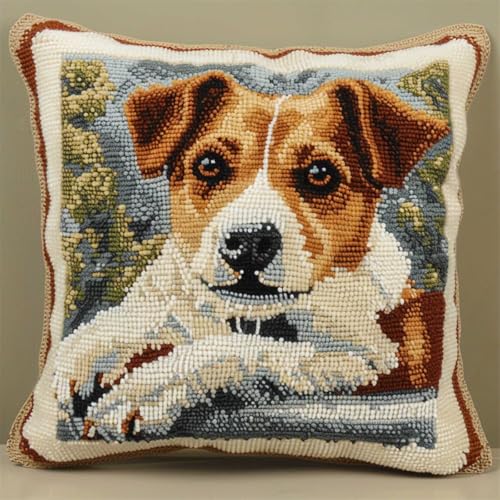 ORLUMY Diy Knüpfen Set Jack-Russell-Terrier-Tier-Knüpfhaken-Sets,Hund Am Fenster,Diy-Knüpfhaken-Set,Knüpfhaken-Stickset,Häkel-Handarbeiten,Basteln Mit Knüpfhaken-Werkzeug 43x43cm von ORLUMY