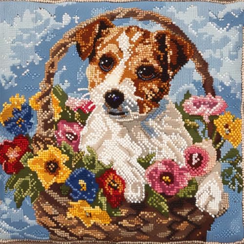 ORLUMY Diy Knüpfen Set Jack-Russell-Terrier-Tier-Knüpfhaken-Sets,Hund Im Blumenkorb,Knüpfhaken-Sets,Diy-Kissenbezug,Bastelsets,Sticksets Mit Bedruckter Leinwand 43x43cm von ORLUMY