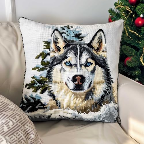 ORLUMY Diy Knüpfen Set Knüpfhaken-Sets Mit Husky-Hund Und Weihnachtsbaum,Diy-Knüpfhaken-Set,Knüpfhaken-Stickset,Häkel-Handarbeiten,Basteln Mit Knüpfhaken-Werkzeug 43x43cm von ORLUMY