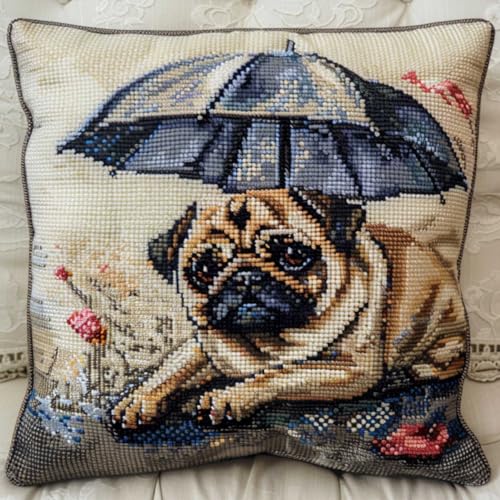 ORLUMY Diy Knüpfen Set Knüpfhaken-Sets Mit Mops-Tiermotiv,Knüpfhaken-Sets Mit Hund Und Regenschirm,Diy-Kissenbezug,Bastelsets,Sticksets Mit Bedruckter Leinwand 43x43cm von ORLUMY