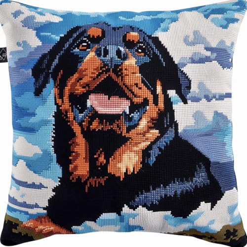 ORLUMY Diy Knüpfen Set Knüpfhaken-Sets Mit Rottweiler-Tier,Hund Und Blauem Himmel Mit Weißen Wolken,Knüpfhaken-Sets,Diy-Kissenbezug,Bastelsets,Sticksets Mit Bedruckter Leinwand 43x43cm von ORLUMY