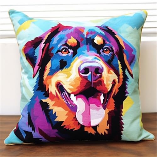 ORLUMY Diy Knüpfen Set Knüpfhaken-Sets Mit Rottweiler-Tiermotiv,Farbige Knüpfhaken-Sets Mit Hunden,Diy-Kissenbezüge,Bastelsets,Sticksets Mit Bedruckter Leinwand 43x43cm von ORLUMY