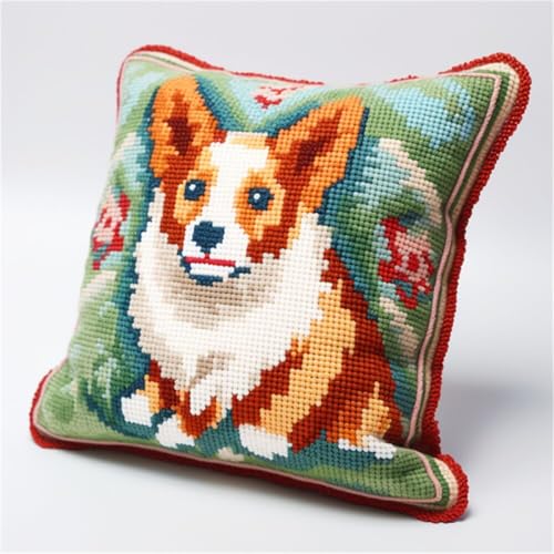 ORLUMY Diy Knüpfen Set Knüpfpackungen Mit Corgi-Tiermotiv,Knüpfpackungen Mit Cartoon-Hund,Diy-Kissenbezug,Bastelpackungen,Stickpackungen Mit Bedruckter Leinwand 43x43cm von ORLUMY