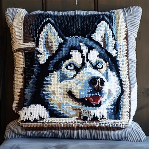 ORLUMY Diy Knüpfen Set Knüpfpackungen Mit Husky-Hund Und Tiermotiv,Knüpfpackungen Zum Selbermachen Von Kissenbezügen,Bastelpackungen,Stickpackungen Mit Bedruckter Leinwand 43x43cm von ORLUMY